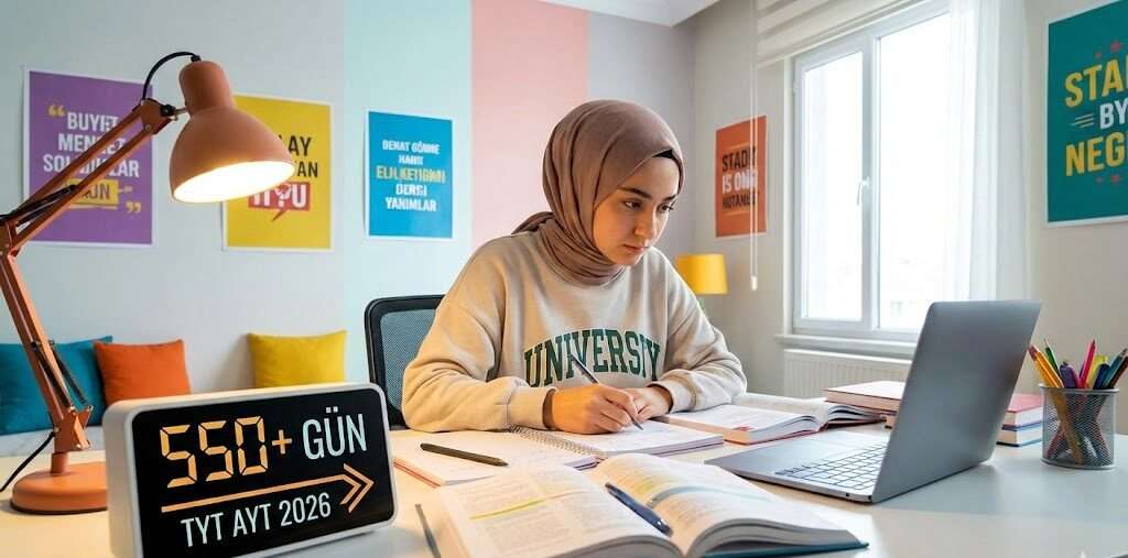 TYT AYT 2026 sınavına kaç gün kaldığını gösteren geri sayım sayacı ve ders çalışan motive Türk öğrenci görseli.