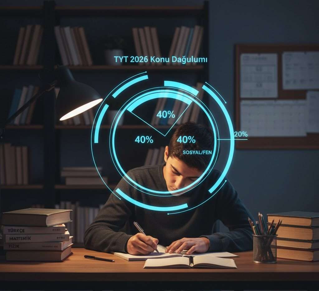 TYT konuları nelerdir 2026 sorusu için ders çalışma masasında planlama yapan öğrenci ve konu dağılım grafikleri.