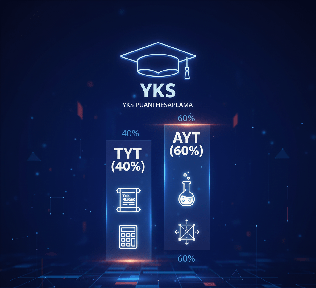 TYT ve AYT puanlarının YKS sistemi içindeki ağırlığını (yüzde 40 ve yüzde 60) gösteren karşılaştırmalı grafik.