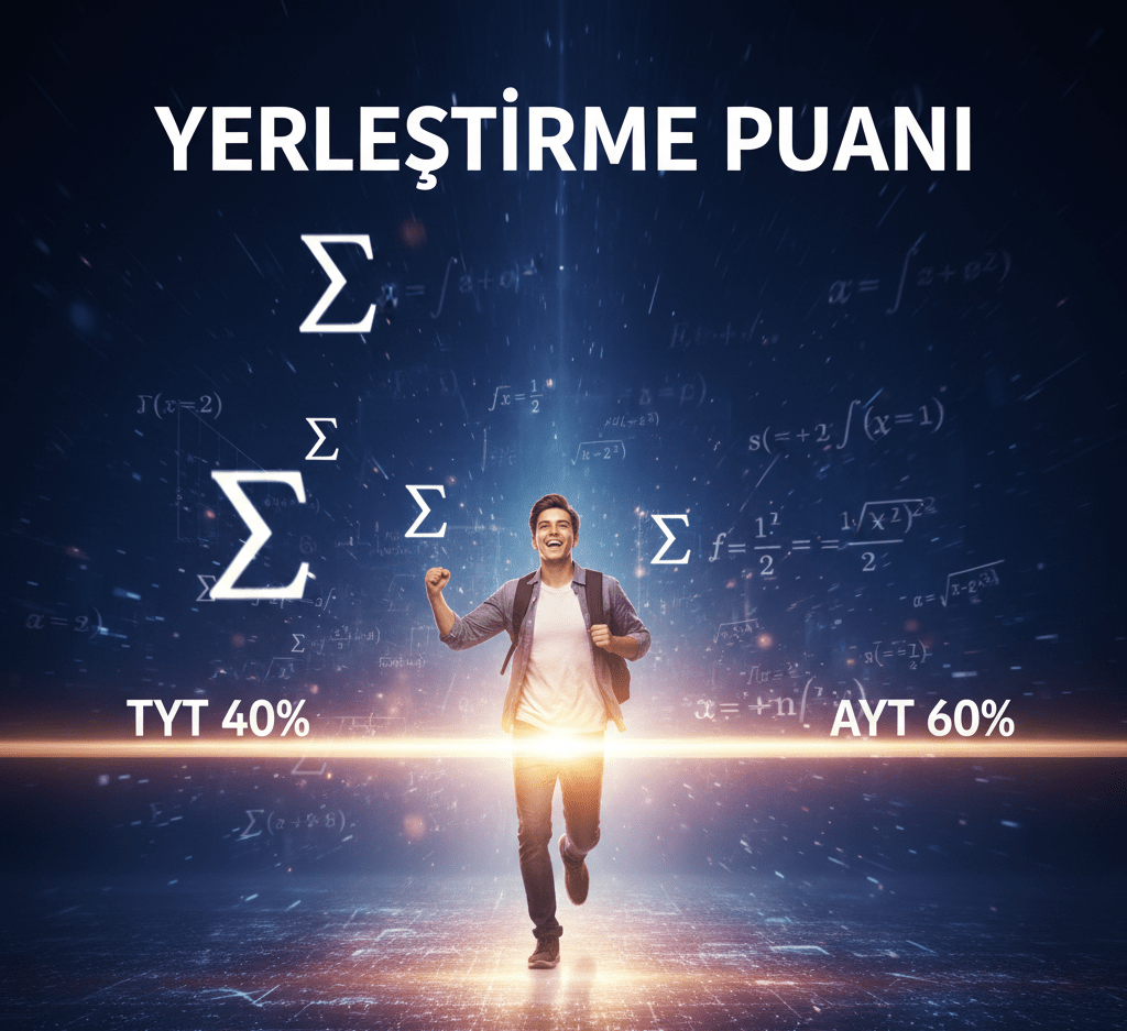 TYT AYT puan hesaplama ilişkisi, öğrencinin Yerleştirme Puanına ulaşmak için TYT (%40) ve AYT (%60) aşamalarını geçişini gösteren dinamik görsel.