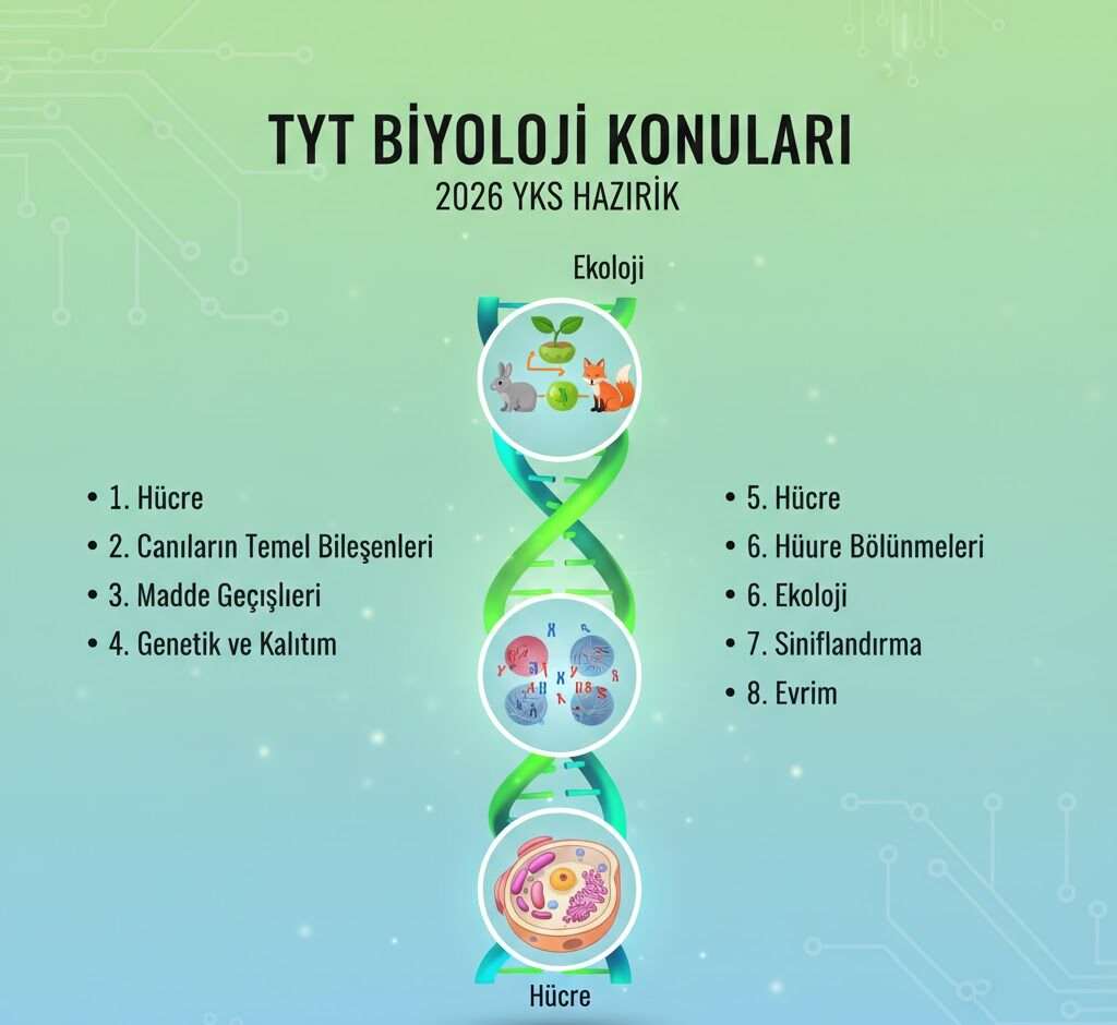 TYT Biyoloji konularını (Hücre, Kalıtım, Ekoloji) listeleyen, 2026 YKS sınavı için hazırlanmış stratejik bir infografik.