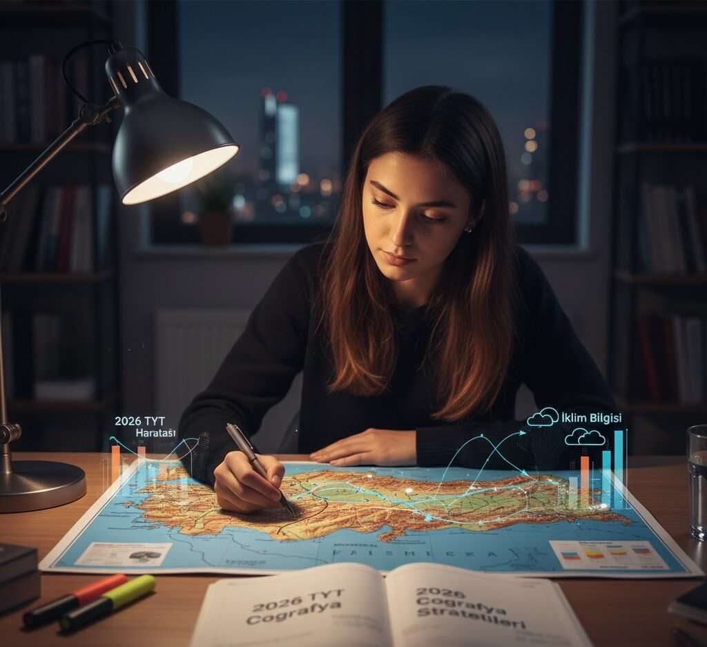 TYT Coğrafya Konuları 2026 sınavına hazırlanan bir öğrencinin Türkiye fiziki haritası üzerinde iklim ve jeolojik yapı konularını görselleştirerek çalıştığı detaylı masaüstü sahnesi.