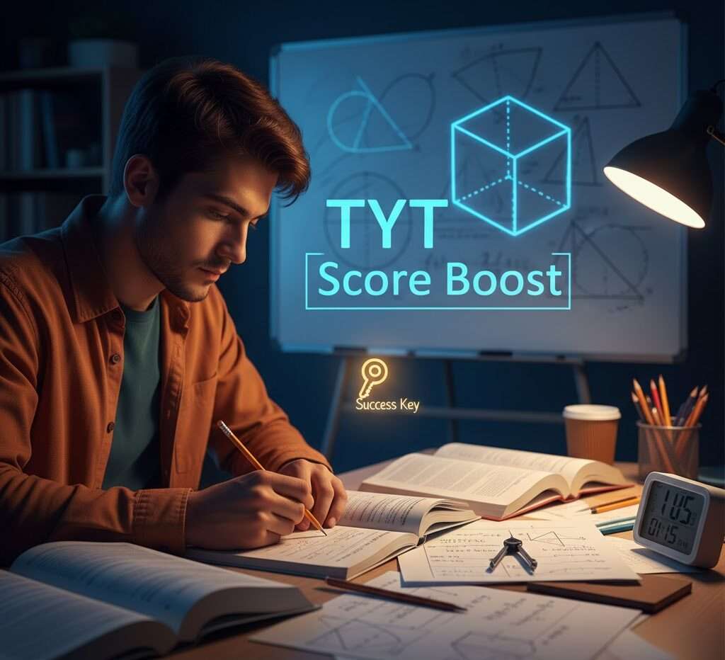 TYT Geometri Konuları çalışırken masasında üçgenler, çemberler ve 3 boyutlu şekillerle uğraşan bir öğrenci