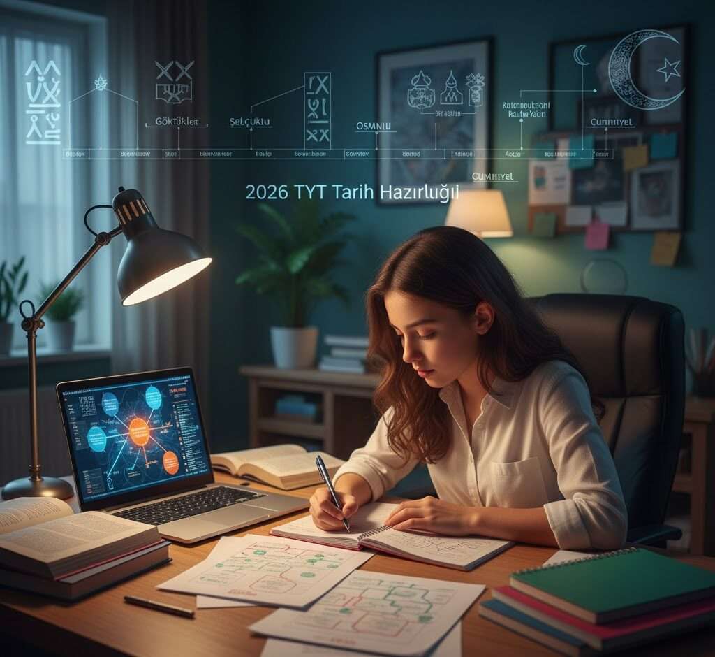 TYT Tarih Konuları 2026 sınavına çalışan öğrenci, kavram haritaları ve dijital araçlar kullanarak tarihi bilgileri bütünleştiriyor.