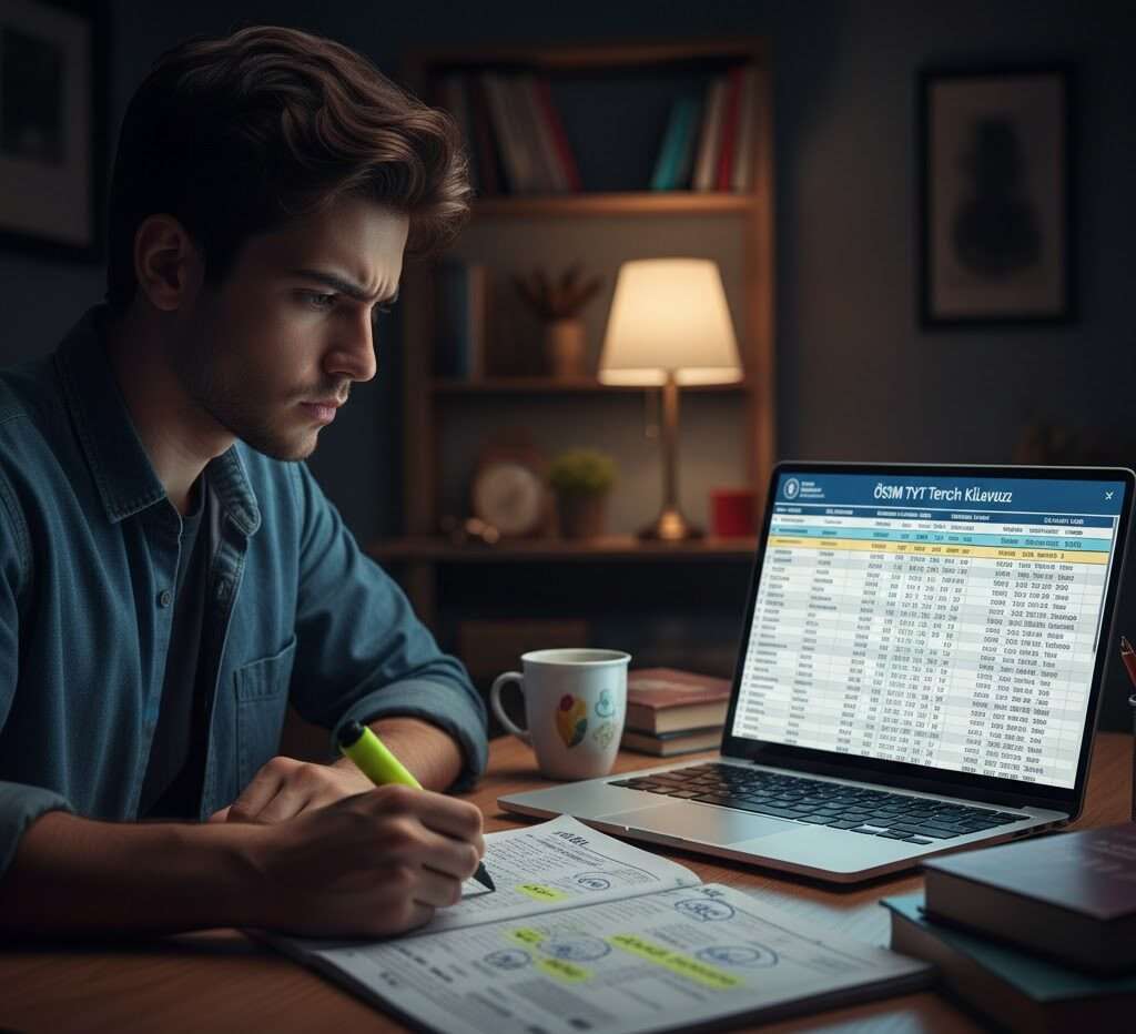Young student carefully reviewing the official TYT Tercih Klavuzu Yayınlandı document on a laptop to plan their university preferences and analyze success rankings.