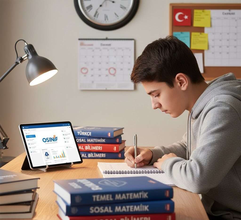 TYT nedir hangi dersler var sorusuna yönelik çalışma masasında hazırlanan öğrenci ve ders kitapları.