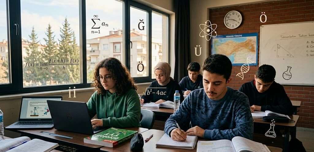 Students studying for the TYT exam, with visual elements representing its subjects.