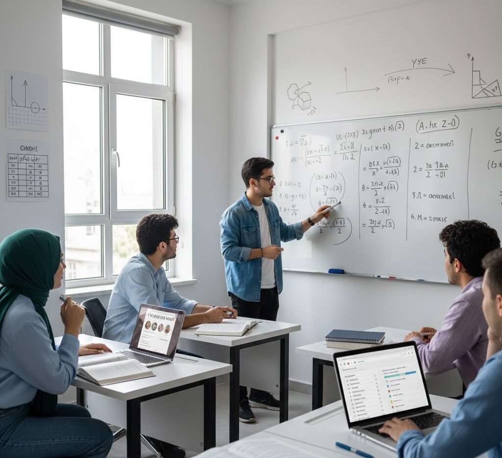 Students diligently studying for the TYT university entrance exam, focusing on mathematics and Turkish subjects.