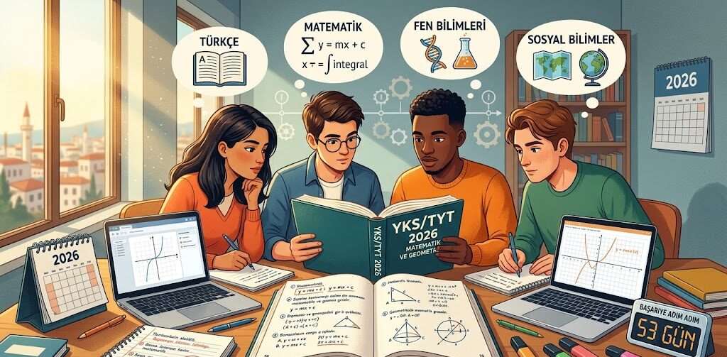 Students studying TYT Matematik Konuları 2026 with textbooks and diagrams.